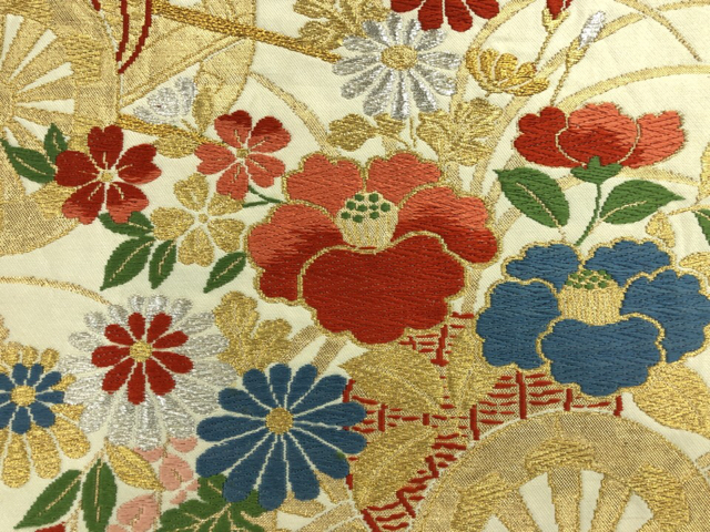 JAPANESE KIMONO / ANTIQUE HIRAKI NAGOYA OBI / WOVEN FLOWER CART
